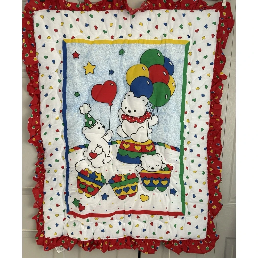 Vintage Carters Riegel Baby Blanket Balloon Bear Reversible Ruffle Comforter USA